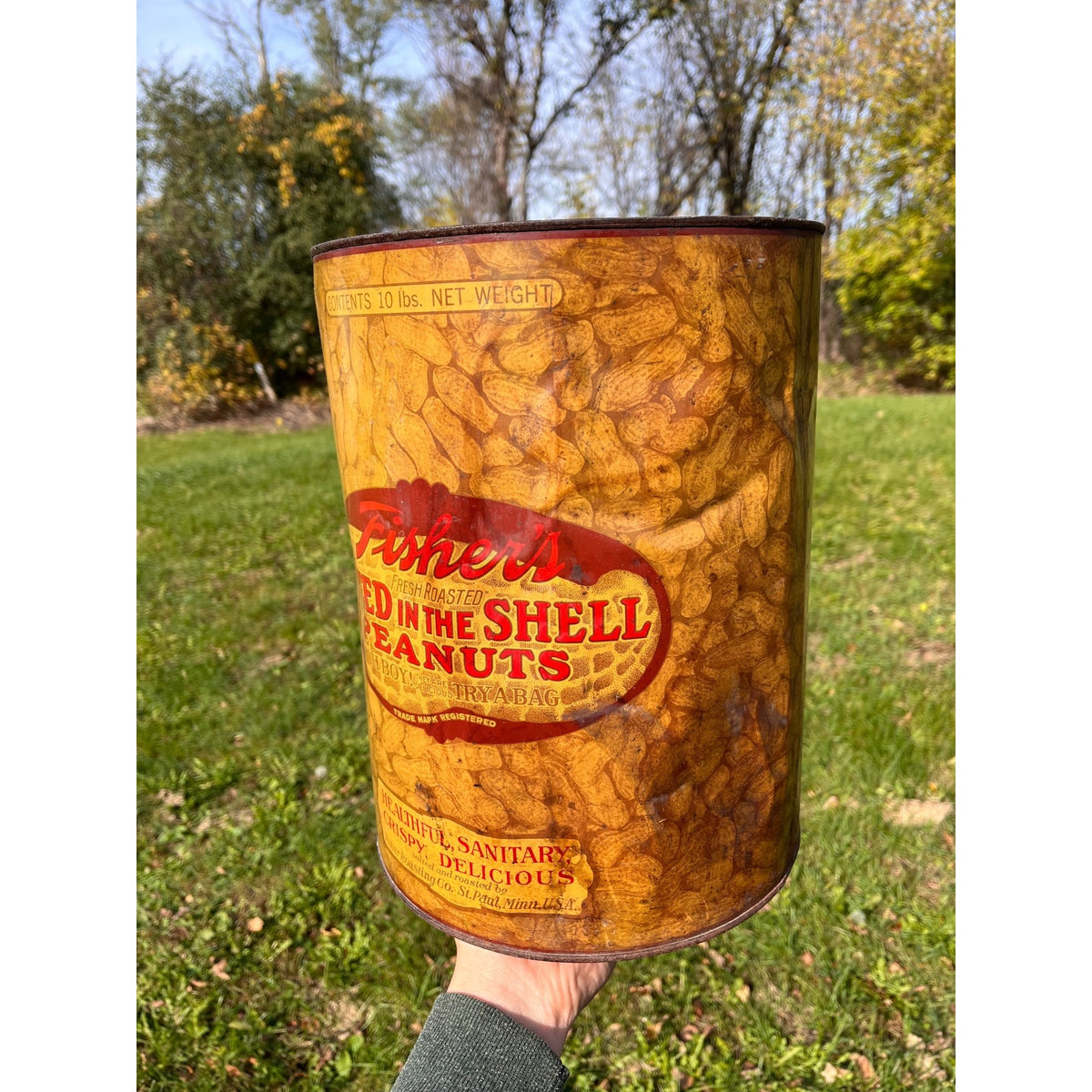 Vintage 1930s Fisher's Salted Peanuts Large 10lb Advertising Tin Can St Paul MN