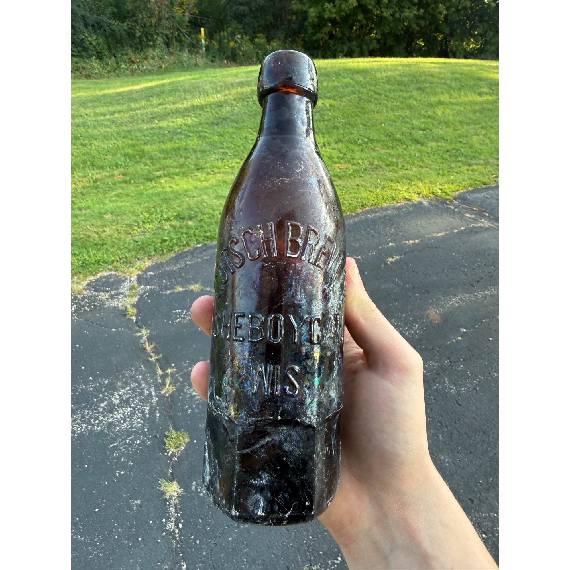 1800s Gutsch Brew Co Sheboygan WI Brown Blob Top Beer Bottle W Hexagonal Base