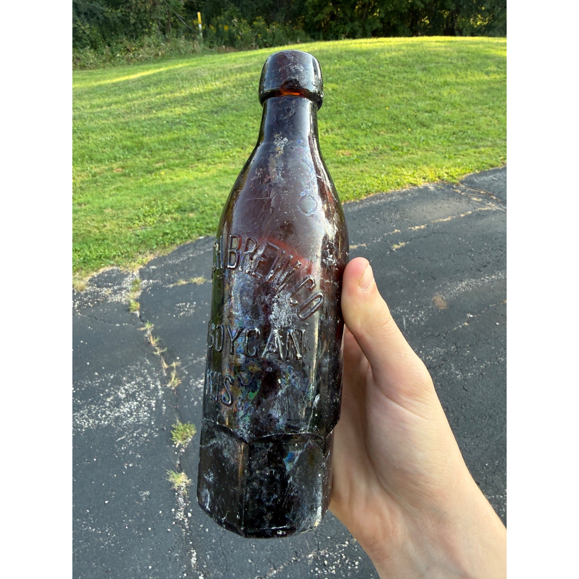 1800s Gutsch Brew Co Sheboygan WI Brown Blob Top Beer Bottle W Hexagonal Base