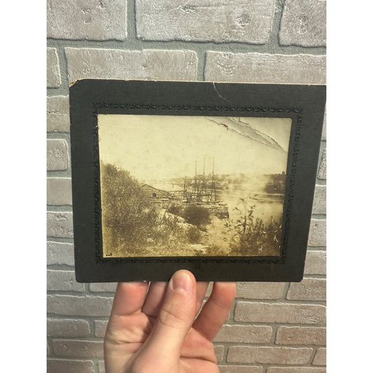 Antique 1800s Cabinet Card Photo of Schooner Ships Boars at Port City in Background