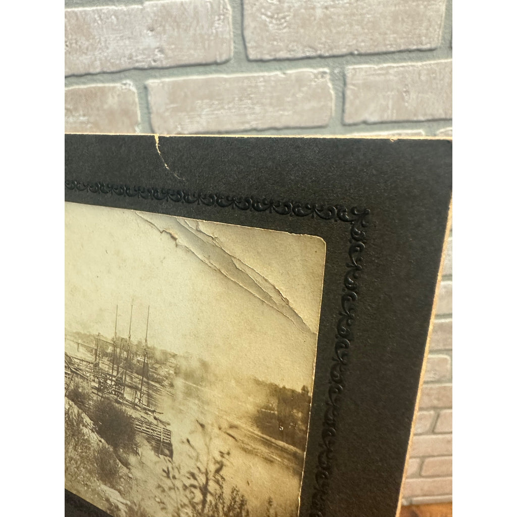 Antique 1800s Cabinet Card Photo of Schooner Ships Boars at Port City in Background