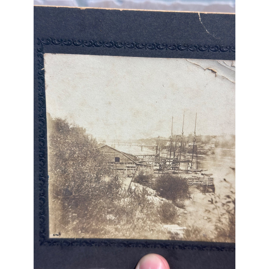 Antique 1800s Cabinet Card Photo of Schooner Ships Boars at Port City in Background
