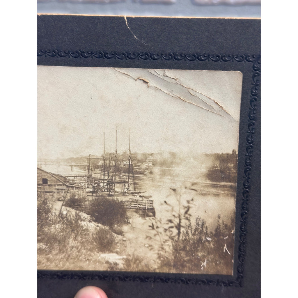 Antique 1800s Cabinet Card Photo of Schooner Ships Boars at Port City in Background