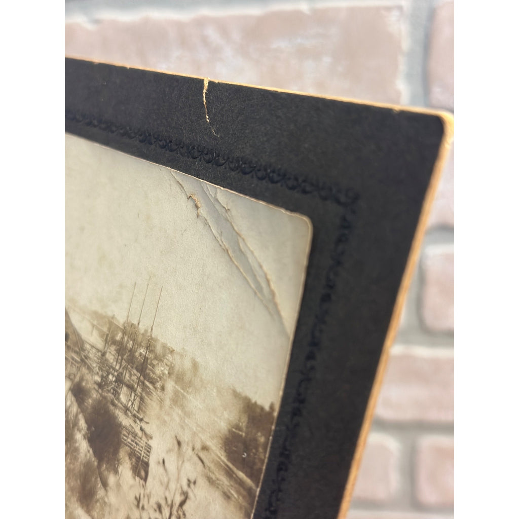 Antique 1800s Cabinet Card Photo of Schooner Ships Boars at Port City in Background