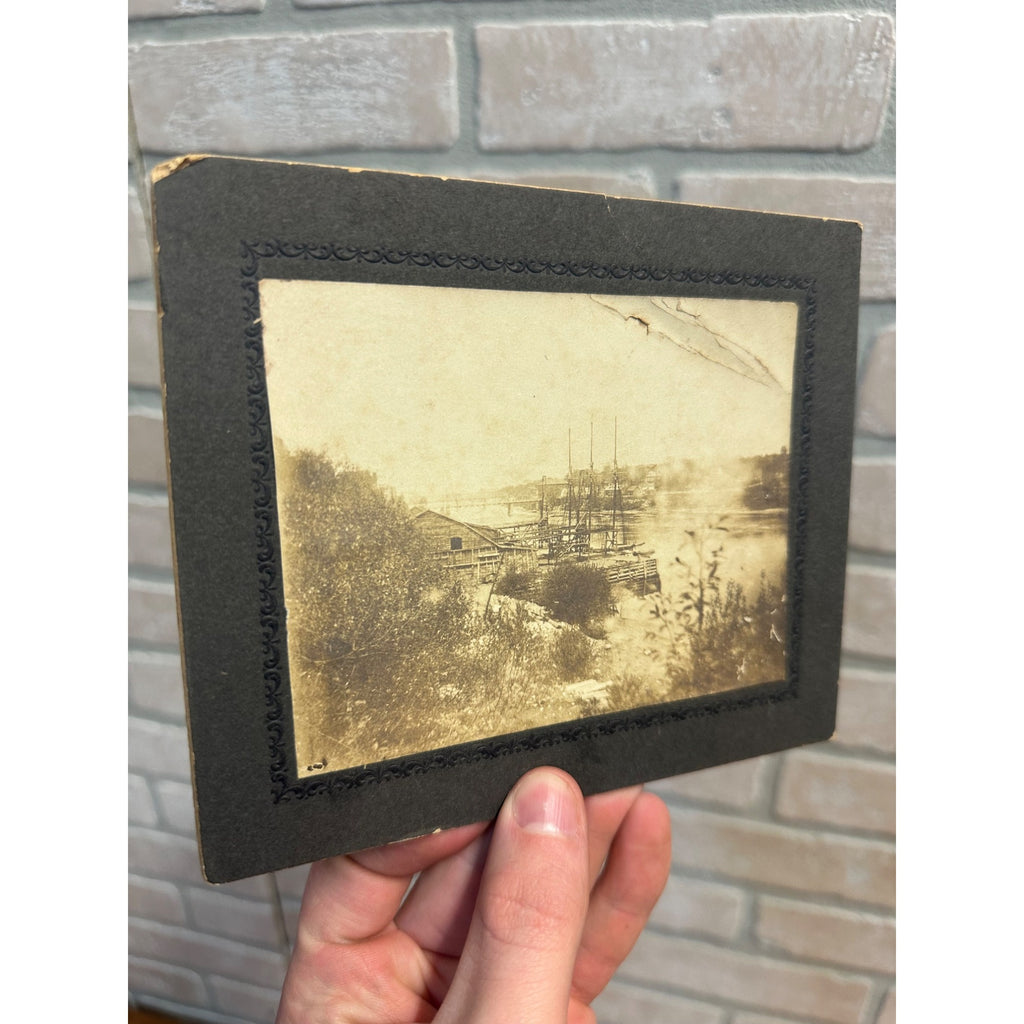 Antique 1800s Cabinet Card Photo of Schooner Ships Boars at Port City in Background