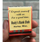 Vintage 1930s Rudy's Bank Club Tavern Bar - Hurley Wisconsin - FULL Matchbook WI