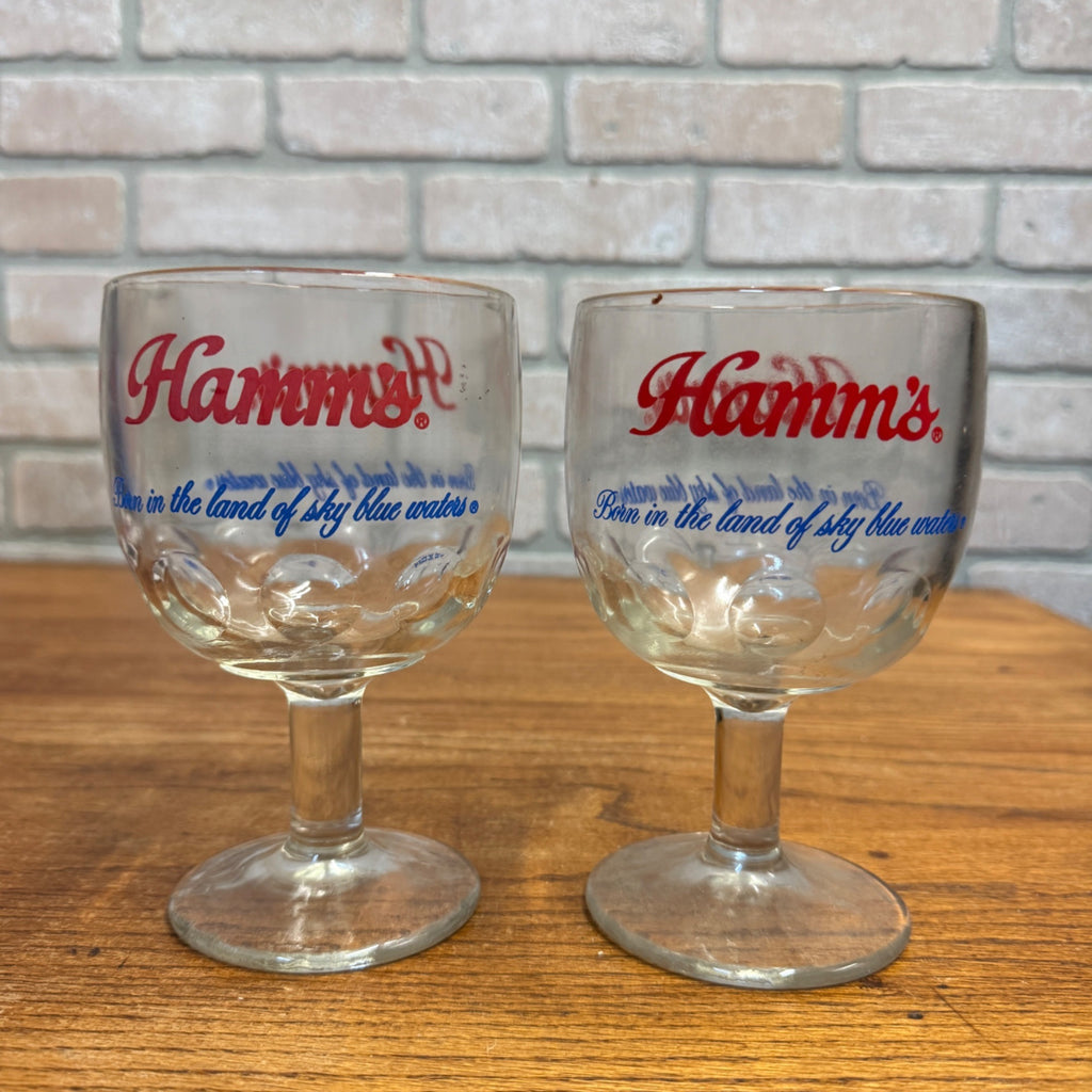 Vintage Pair Hamm’s Beer Goblet Thumbprint Heavy Stemmed Schooner Glass 6" Barware