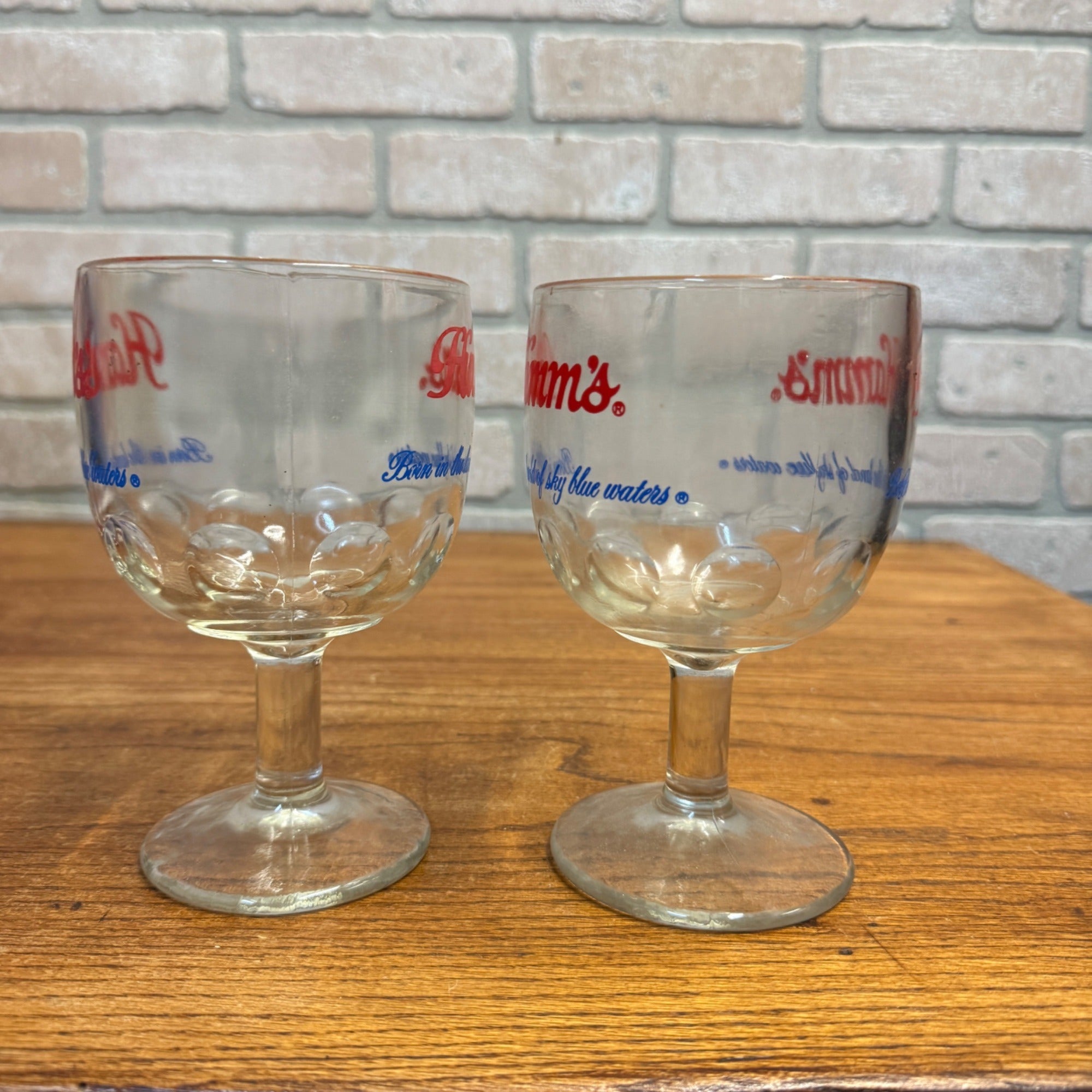 Vintage Pair Hamm’s Beer Goblet Thumbprint Heavy Stemmed Schooner Glass 6" Barware