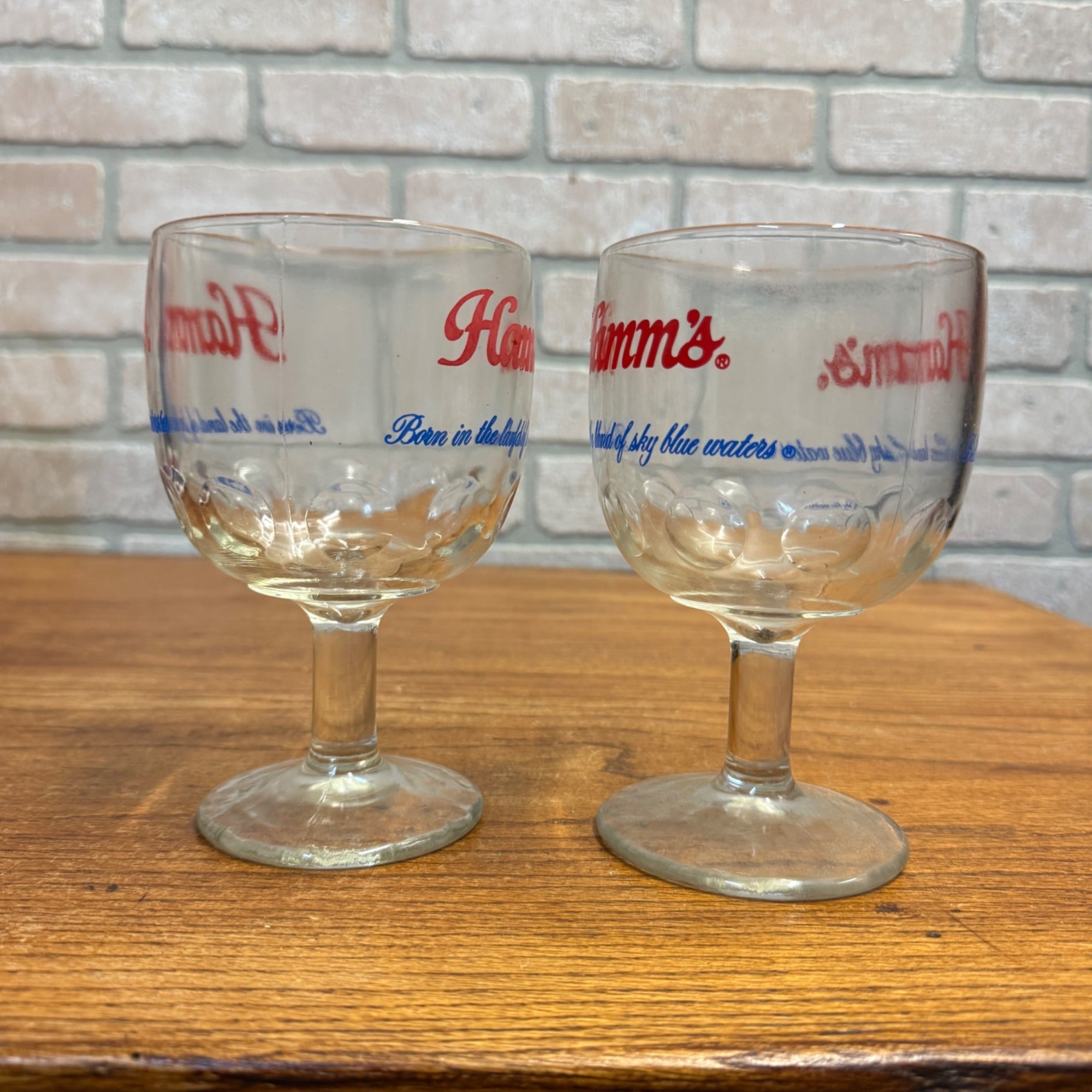 Vintage Pair Hamm’s Beer Goblet Thumbprint Heavy Stemmed Schooner Glass 6" Barware