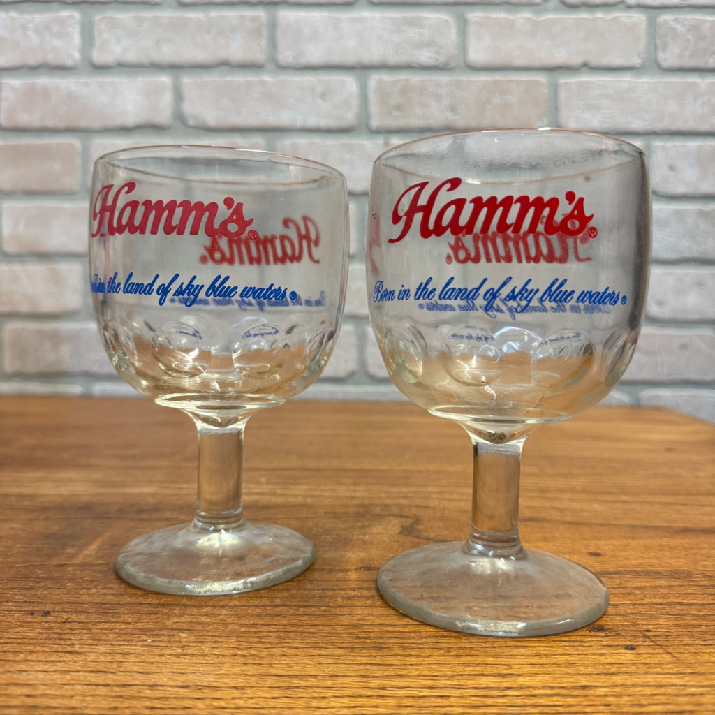 Vintage Pair Hamm’s Beer Goblet Thumbprint Heavy Stemmed Schooner Glass 6" Barware
