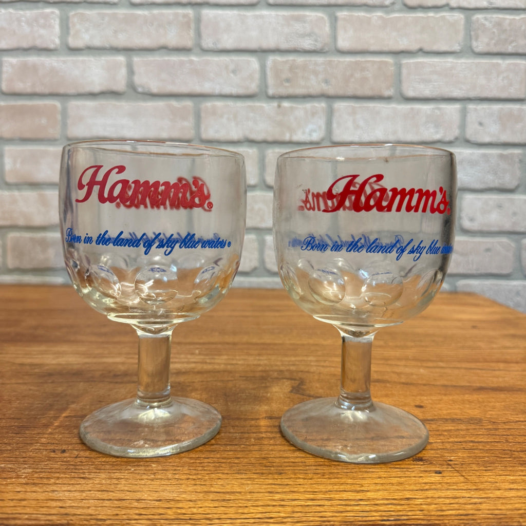 Vintage Pair Hamm’s Beer Goblet Thumbprint Heavy Stemmed Schooner Glass 6" Barware