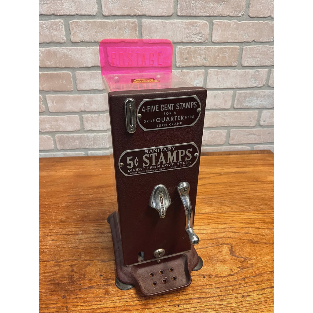 Vintage Schermack Model 310 Visible Coin Op 5 Cent Stamp Machine w/ Topper