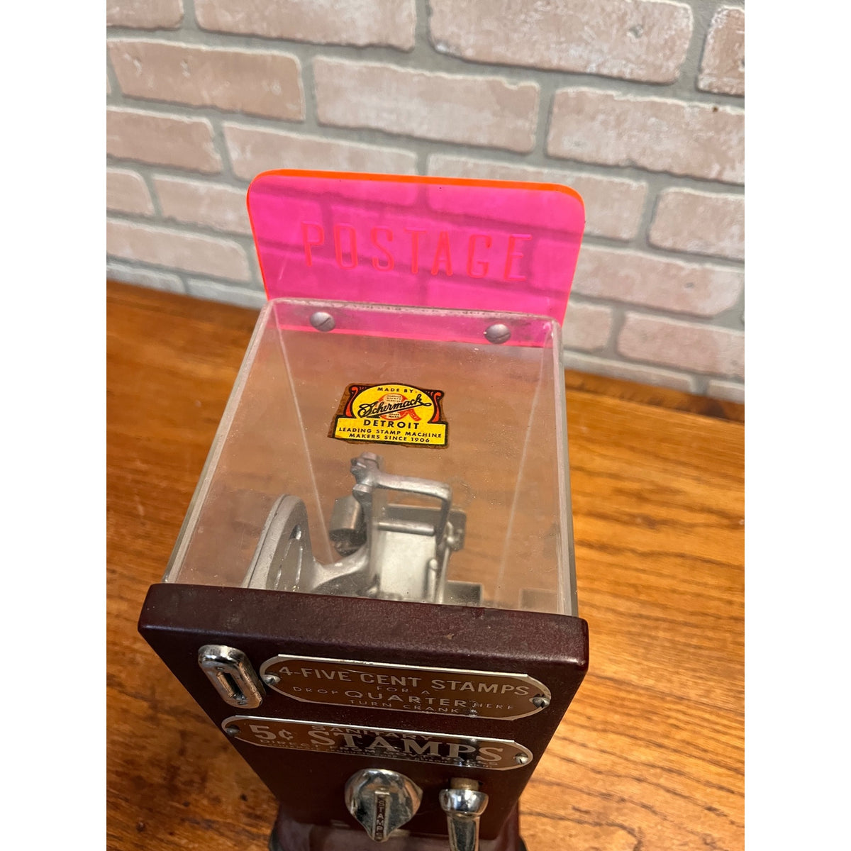 Vintage Schermack Model 310 Visible Coin Op 5 Cent Stamp Machine w/ Topper