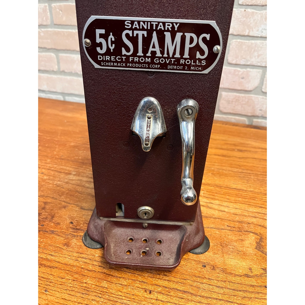 Vintage Schermack Model 310 Visible Coin Op 5 Cent Stamp Machine w/ Topper