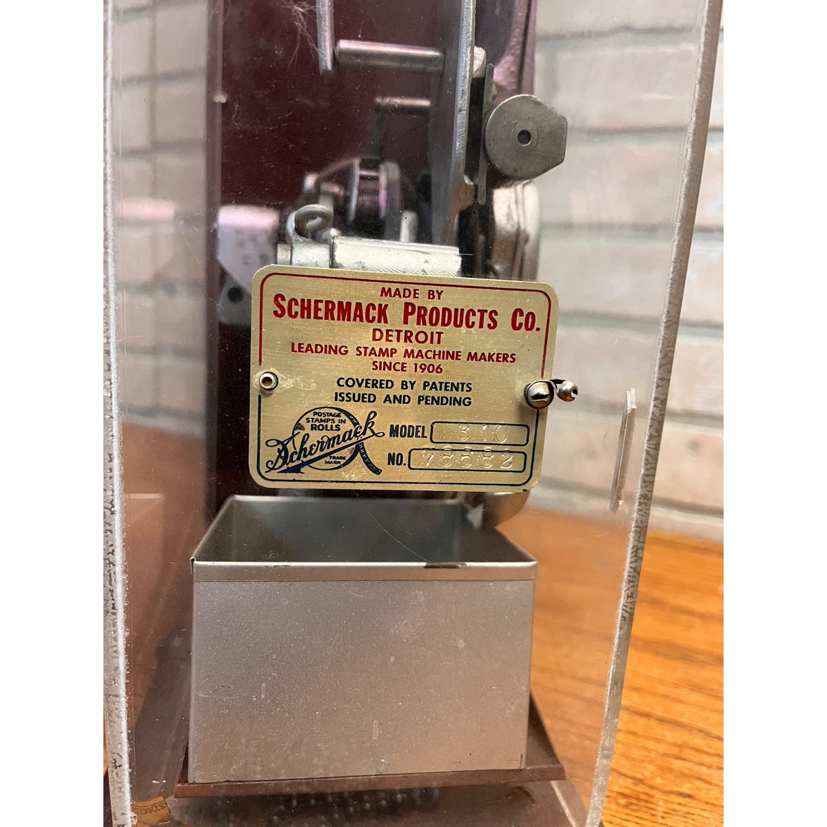 Vintage Schermack Model 310 Visible Coin Op 5 Cent Stamp Machine w/ Topper