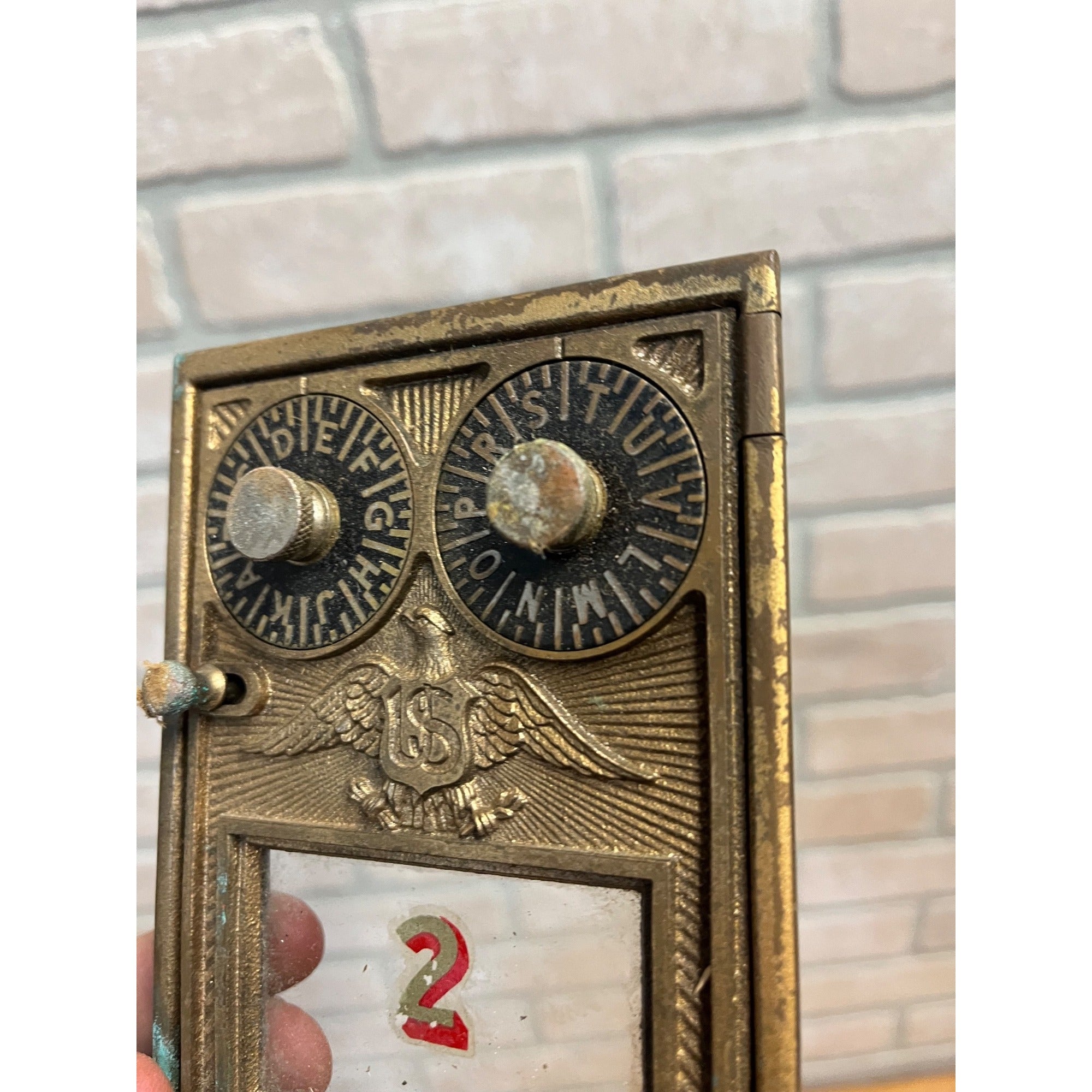 Antique Solid Brass US Post Office Eagle Box Door Corbin 2 Dial Combination #2