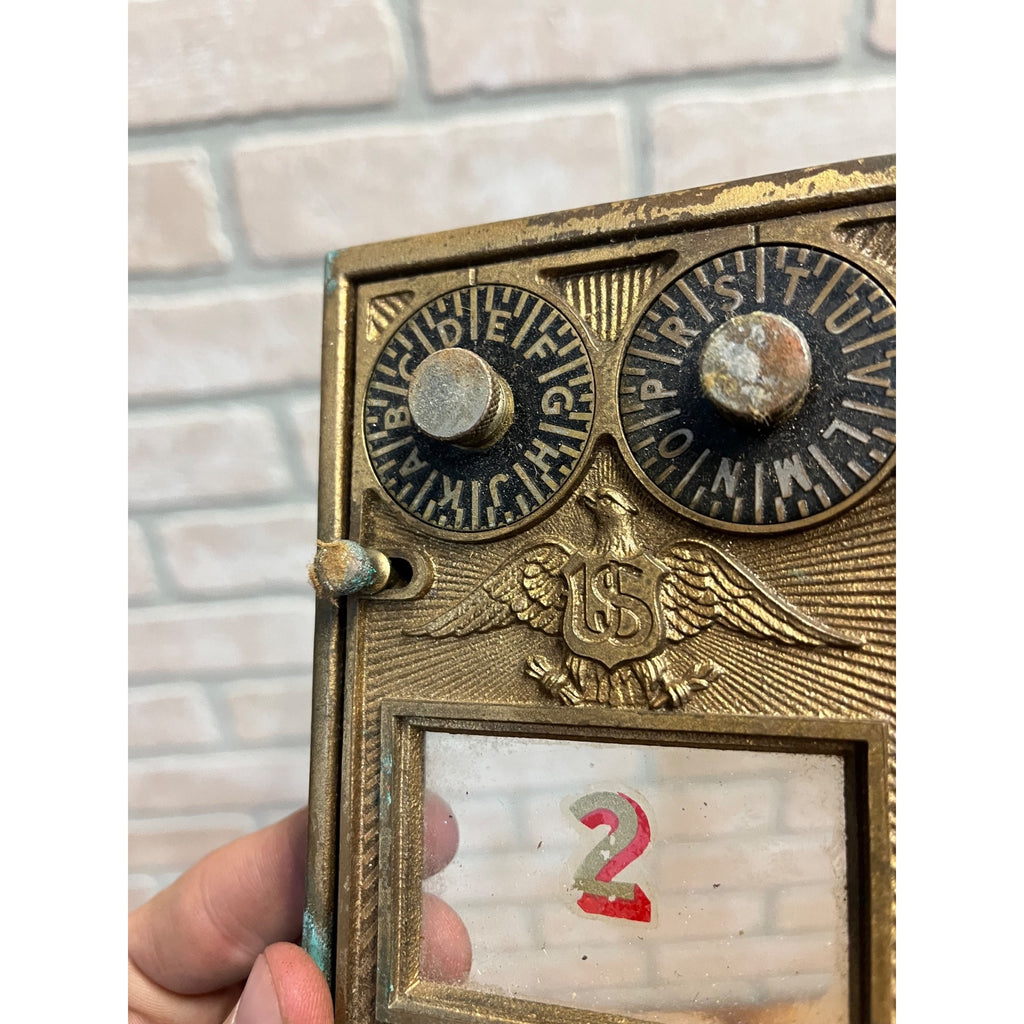 Antique Solid Brass US Post Office Eagle Box Door Corbin 2 Dial Combination #2