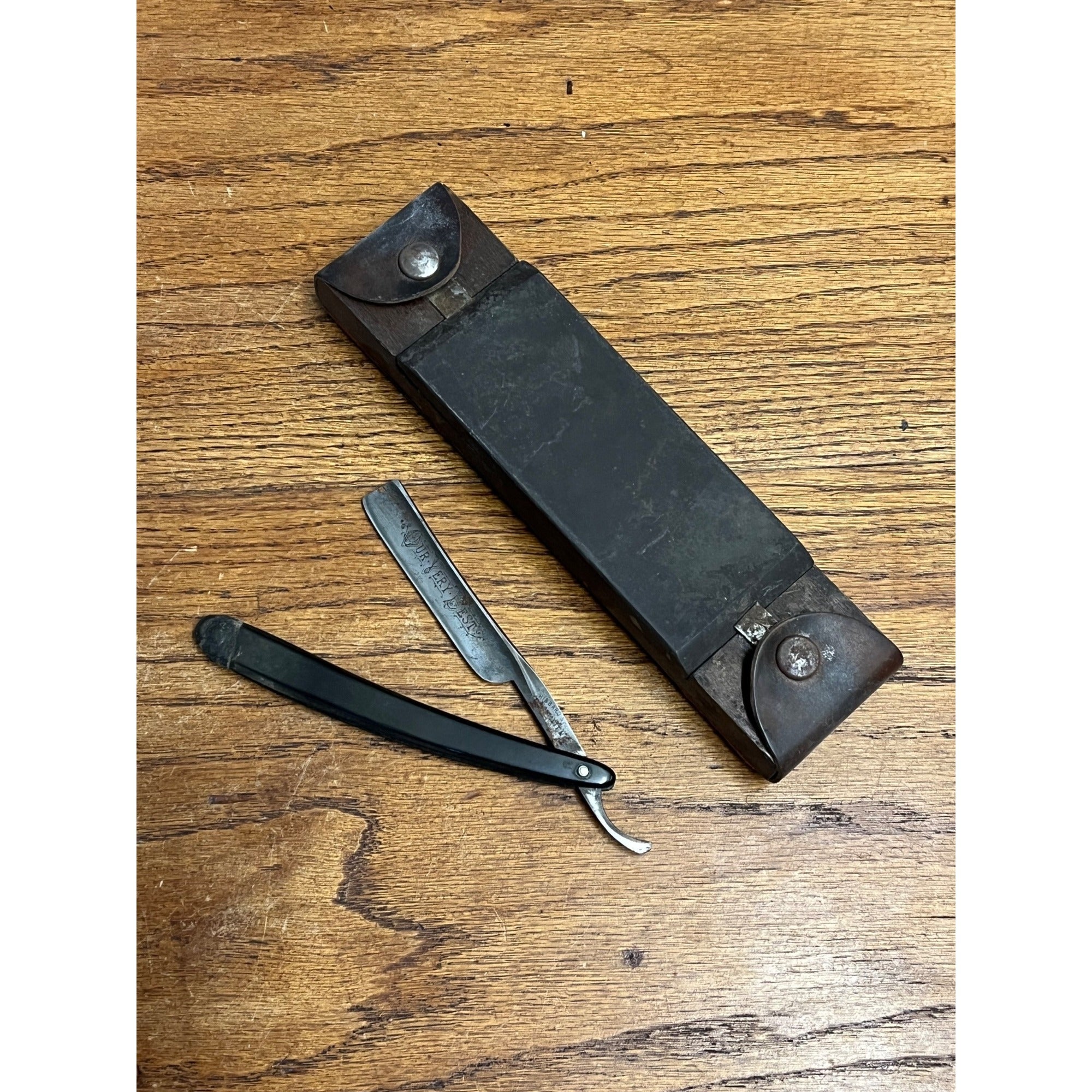 Antique Straight Razor Hone Case Travel Strop Wood Leather Stone