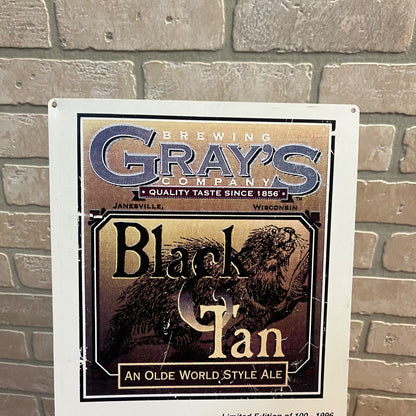 Vintage 1996 Gray's Brewing Co. Black & Tan Beer Bar Sign Janesville Wisconsin