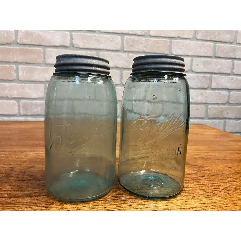 Antique Vintage Early Ball Jar Pair Crude Blue Glass