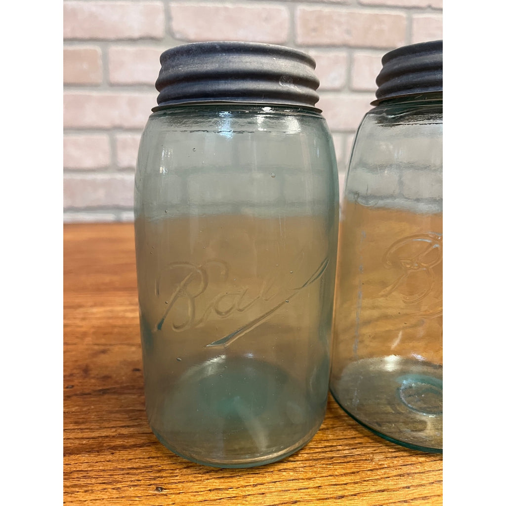 Antique Vintage Early Ball Jar Pair Crude Blue Glass
