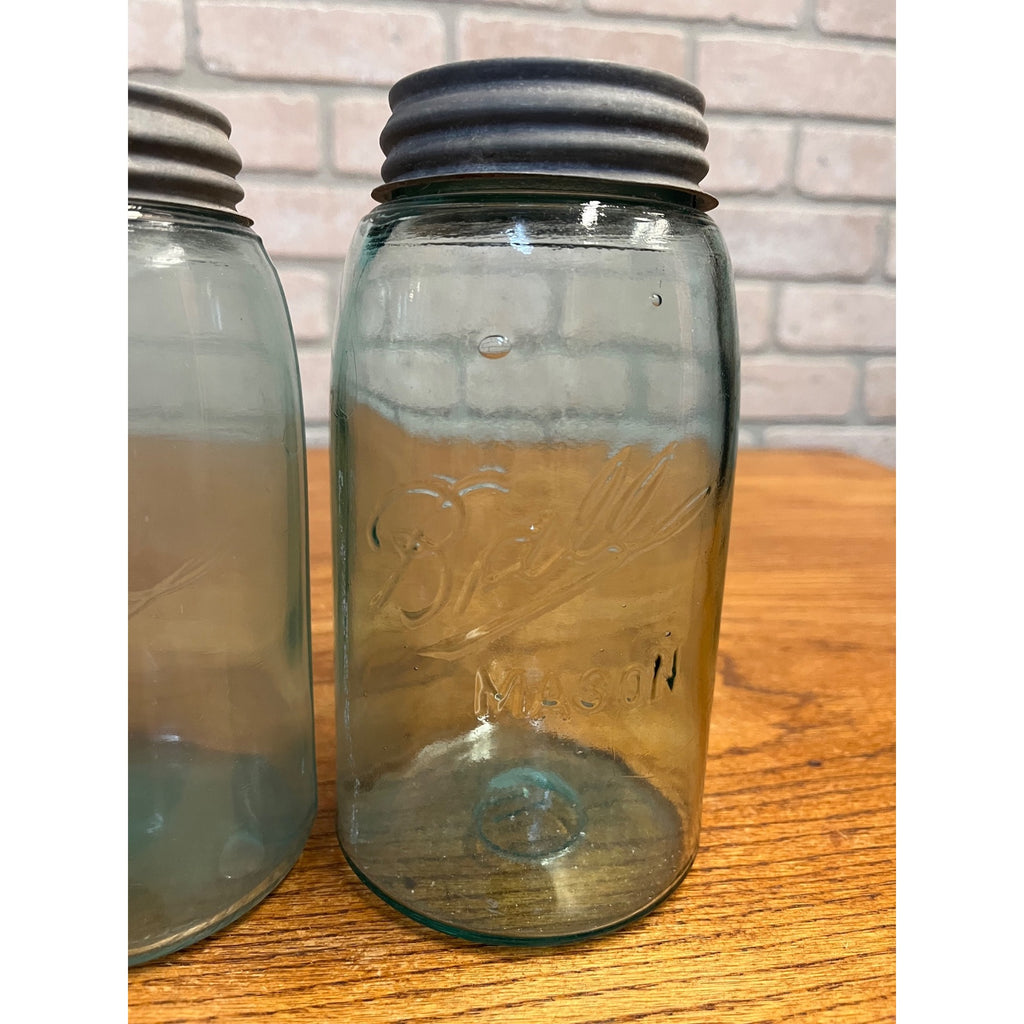 Antique Vintage Early Ball Jar Pair Crude Blue Glass