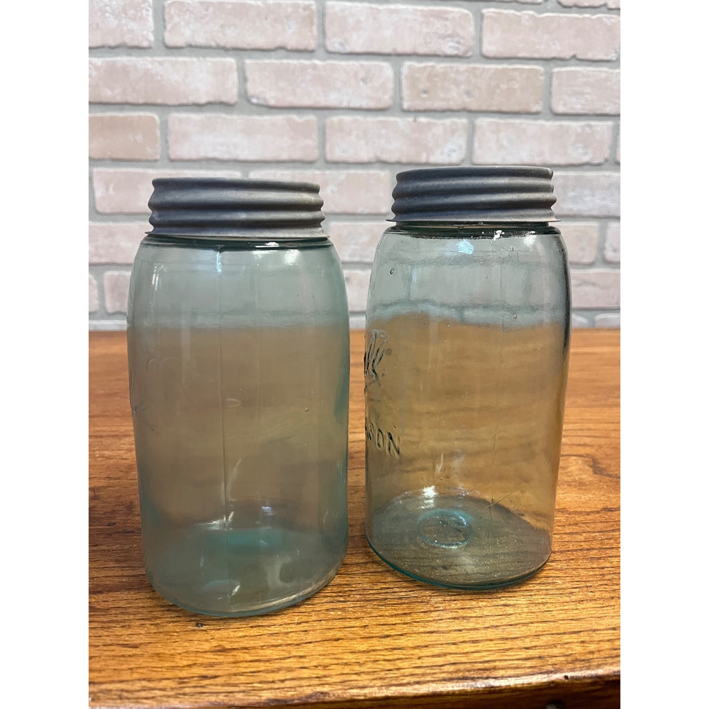 Antique Vintage Early Ball Jar Pair Crude Blue Glass