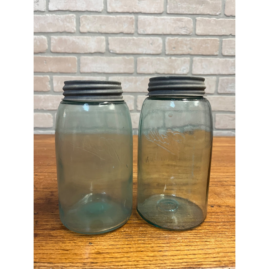 Antique Vintage Early Ball Jar Pair Crude Blue Glass