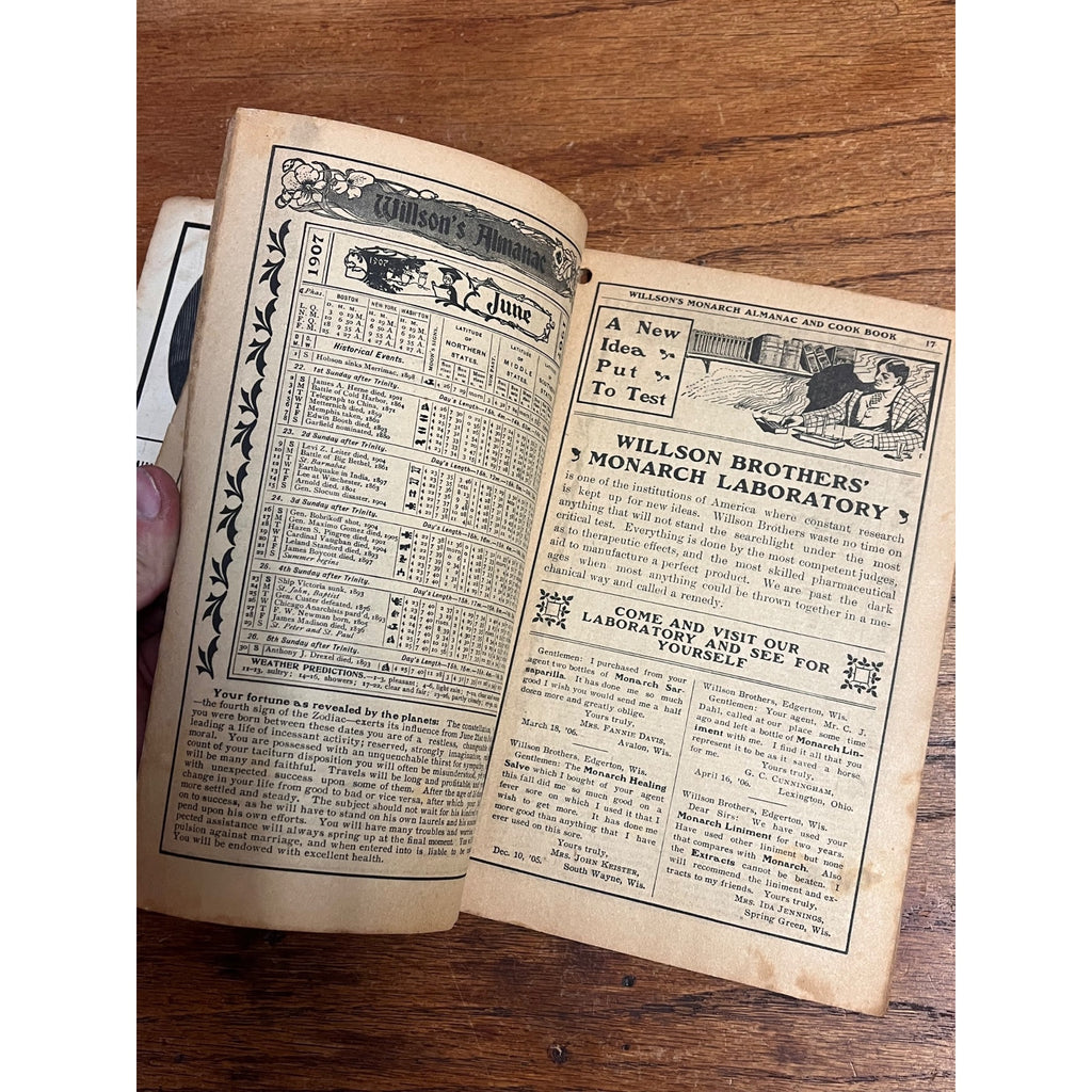 Willson's Monarch Remedies 1907 Almanac Guide to Health Cooking - Edgerton, WI