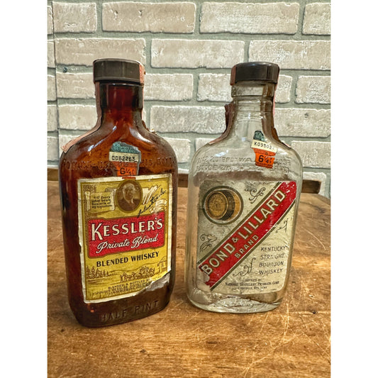 Vintage Bond & Lillard + Julius Kessler's Whiskey Half Pint Empty Glass Bottles