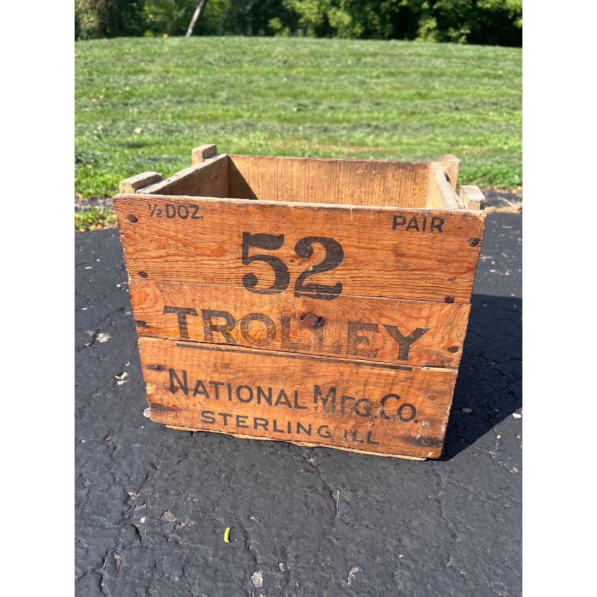 Vintage Antique Trolley National Mfg. Co. Wood Box Crate Sterling Ill Barn Door