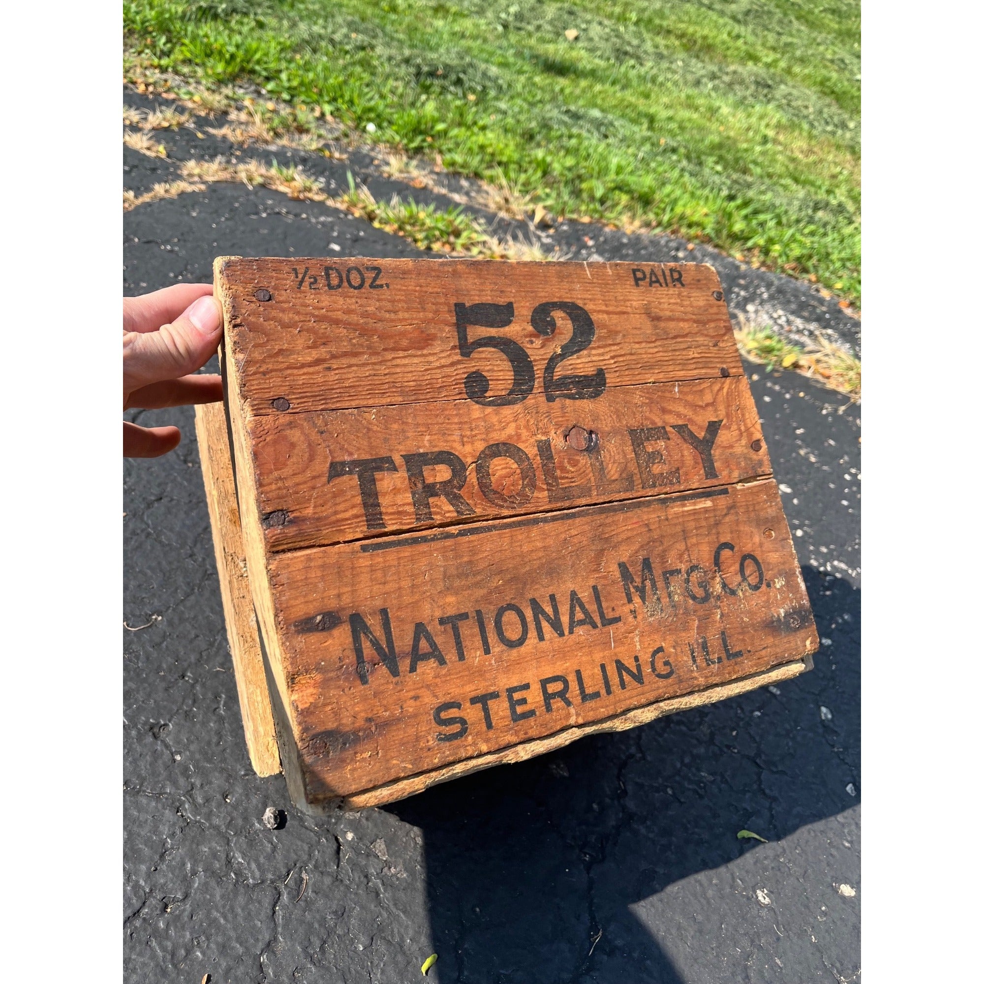 Vintage Antique Trolley National Mfg. Co. Wood Box Crate Sterling Ill Barn Door