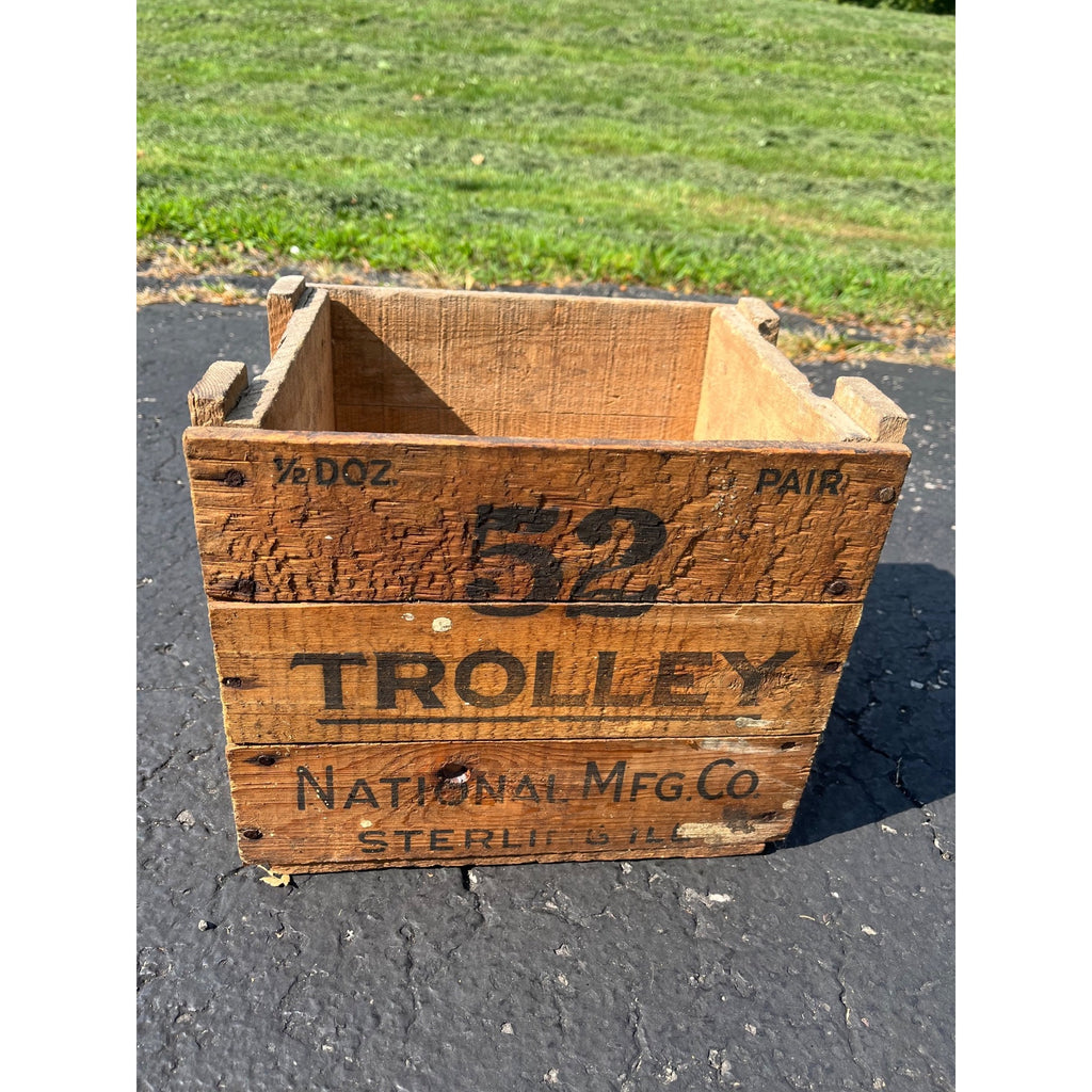 Vintage Antique Trolley National Mfg. Co. Wood Box Crate Sterling Ill Barn Door