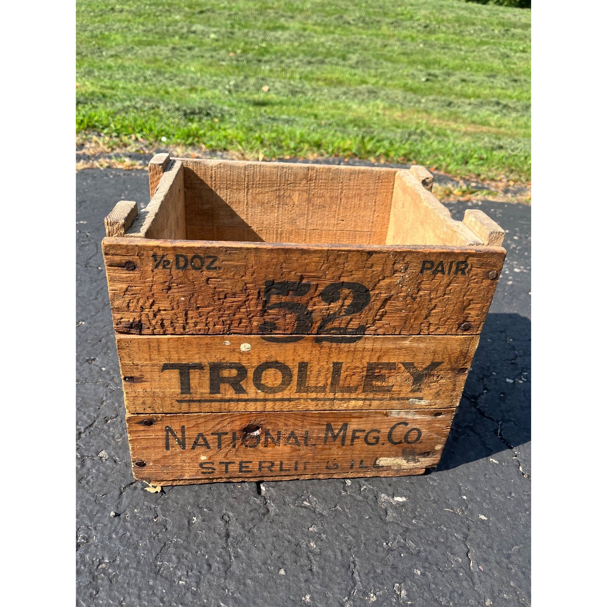 Vintage Antique Trolley National Mfg. Co. Wood Box Crate Sterling Ill Barn Door