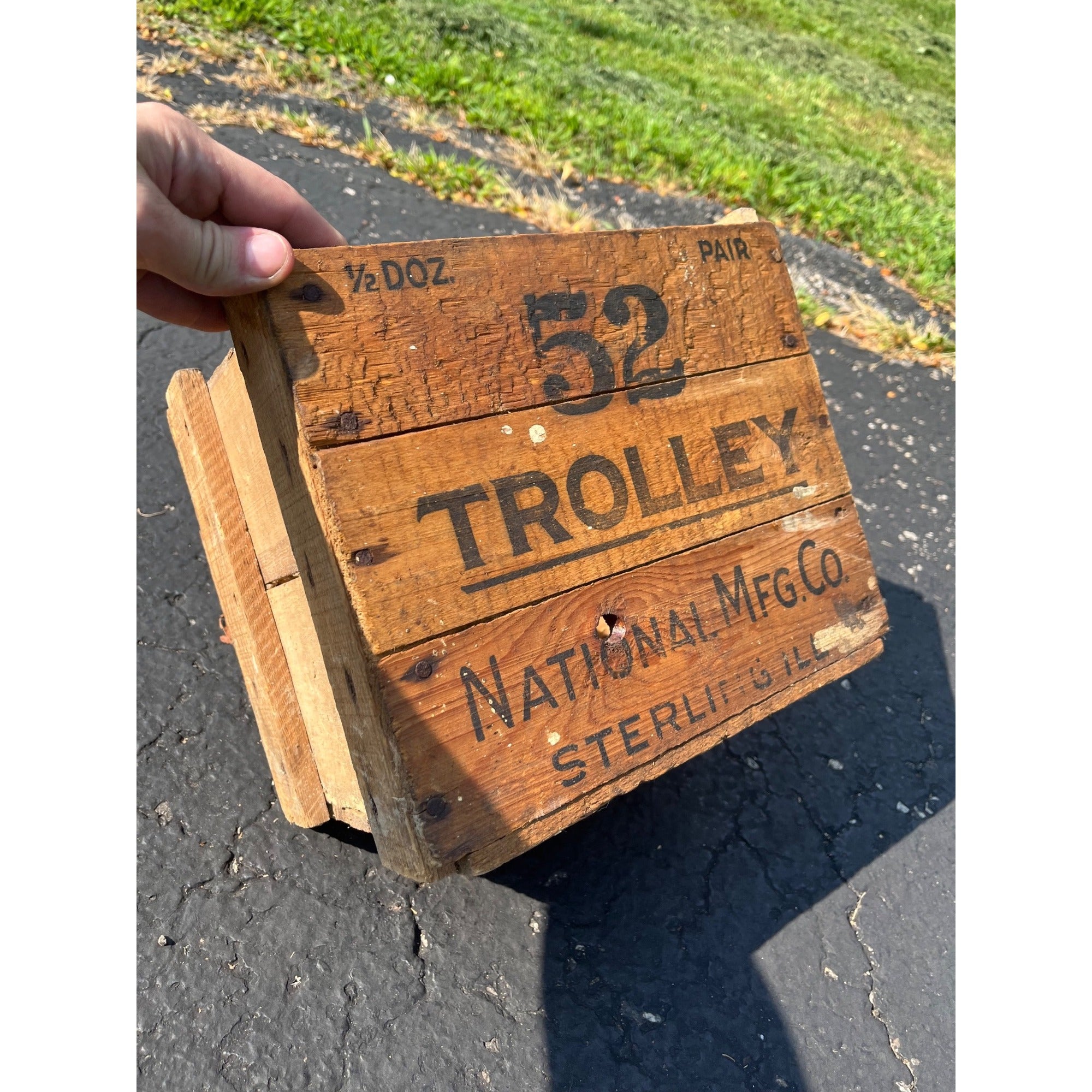 Vintage Antique Trolley National Mfg. Co. Wood Box Crate Sterling Ill Barn Door