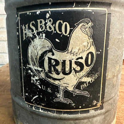 Vintage 1900s HSB & Co. Cruso Chicken Hen Galvanized Oil Can Farm Advertising