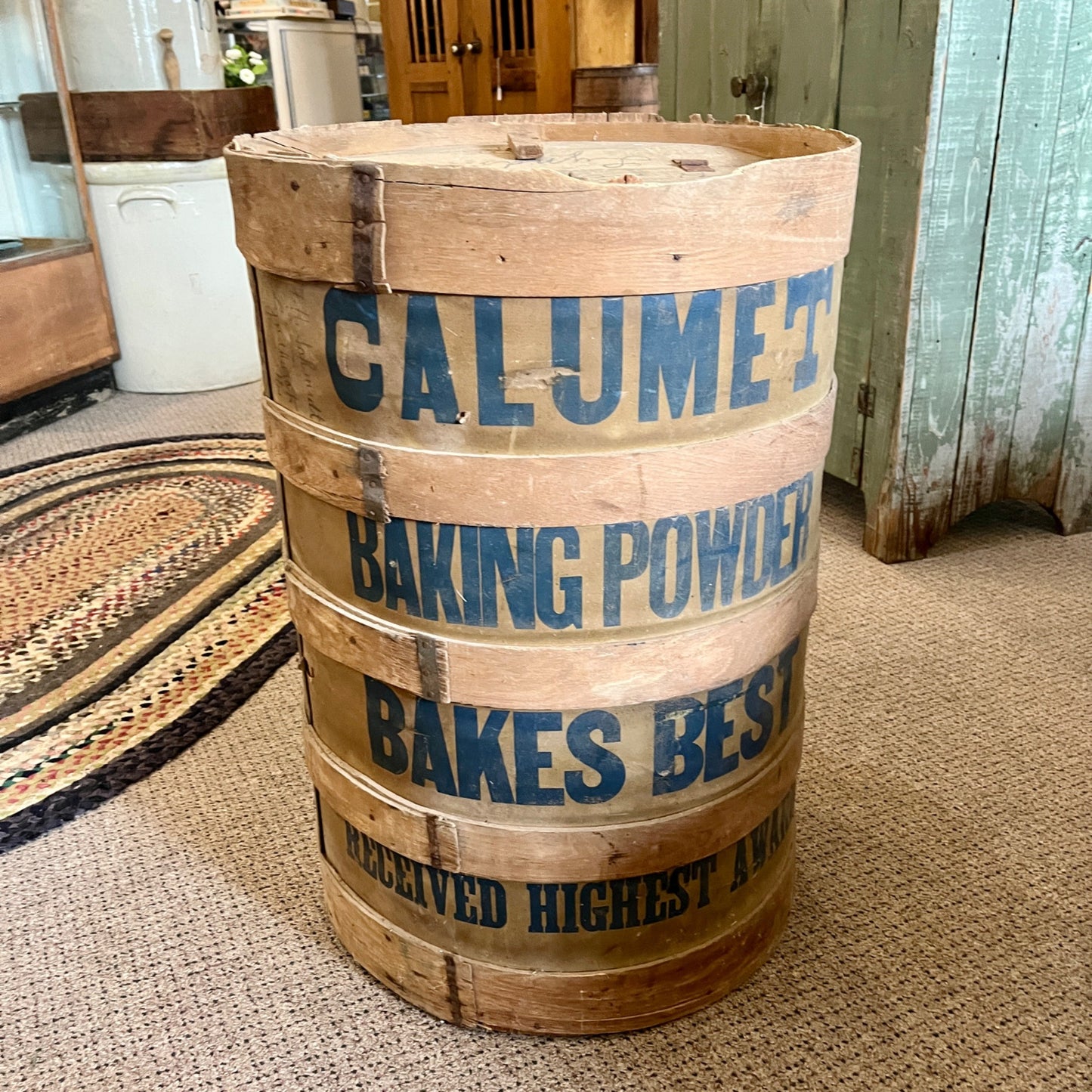 Antique Large Calumet Baking Powder Wooden Keg Rustic Primitive Decor