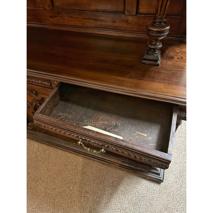 Antique 1900s French Carved Walnut Rococo Style Hutch Sideboard Server Cabinet