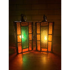 Vintage MCM Leaded Slag Glass Swag Hanging Lamps Pair Mid-Century Craftsman Mission Style
