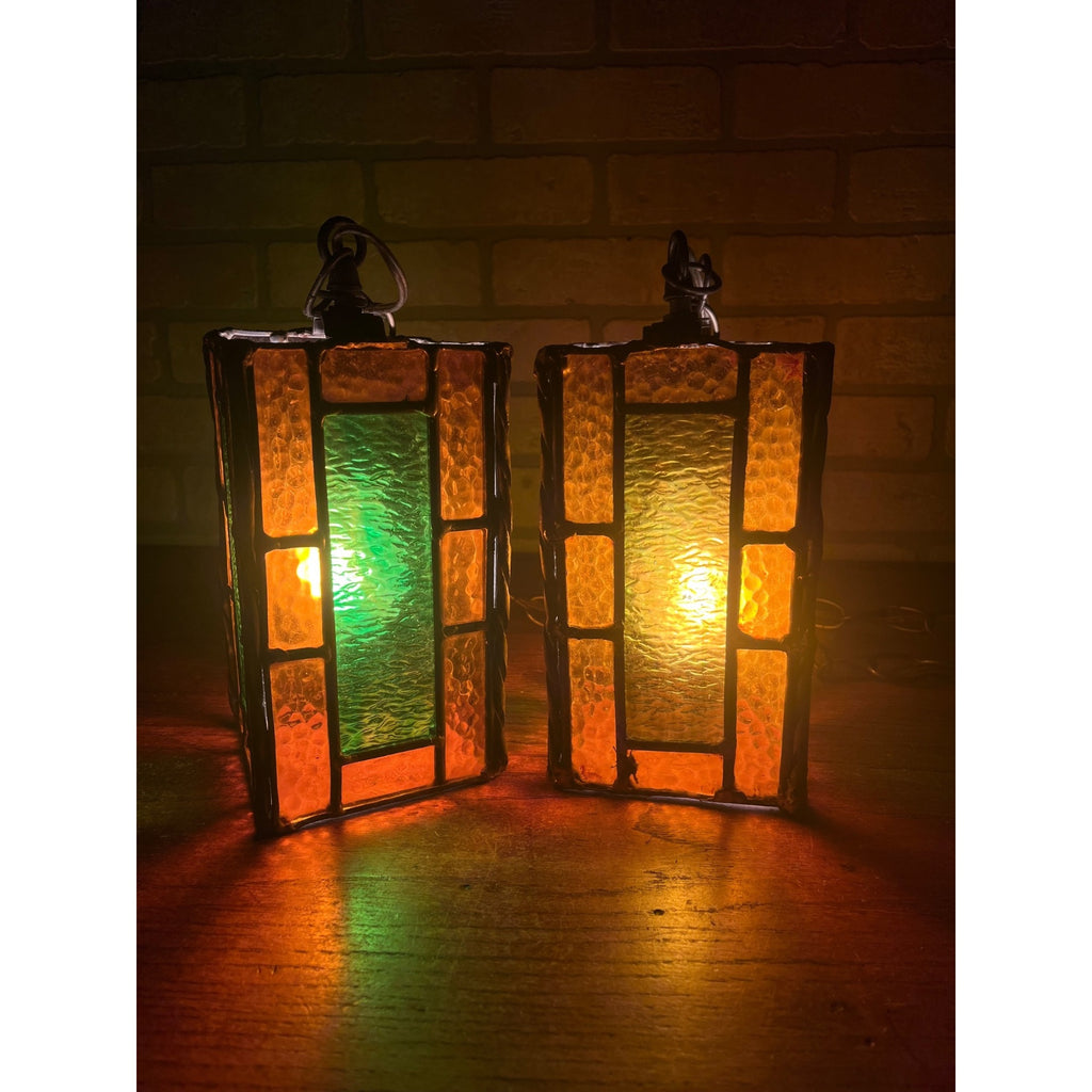 Vintage MCM Leaded Slag Glass Swag Hanging Lamps Pair Mid-Century Craftsman Mission Style