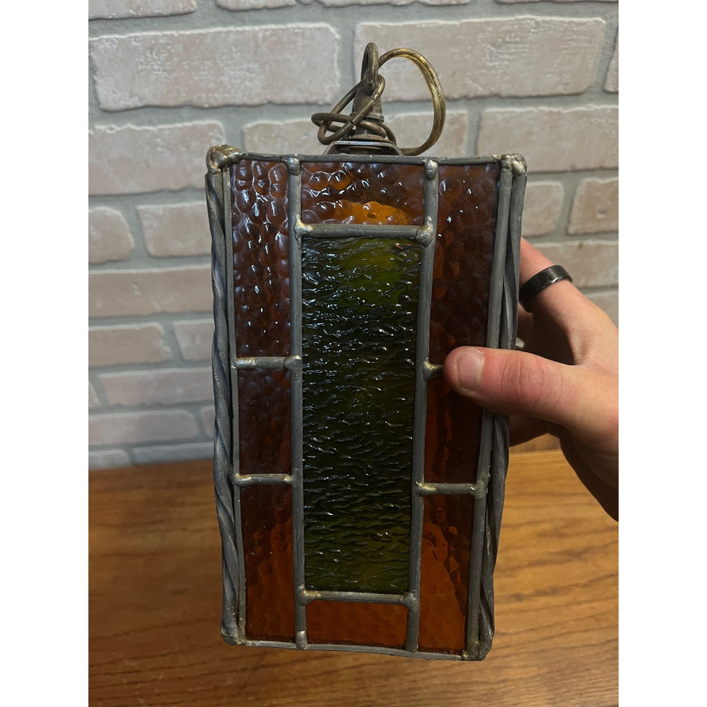 Vintage MCM Leaded Slag Glass Swag Hanging Lamps Pair Mid-Century Craftsman Mission Style