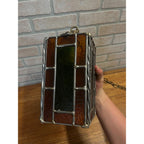 Vintage MCM Leaded Slag Glass Swag Hanging Lamps Pair Mid-Century Craftsman Mission Style