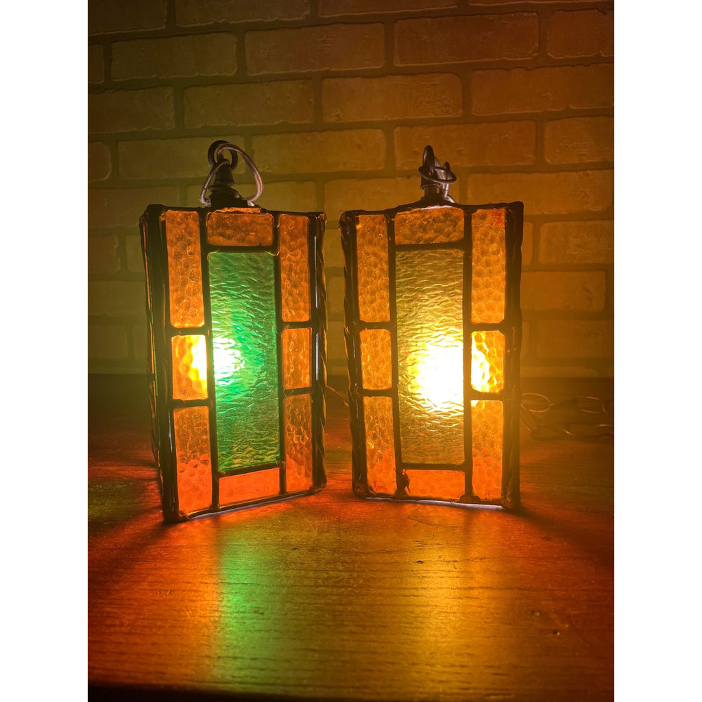 Vintage MCM Leaded Slag Glass Swag Hanging Lamps Pair Mid-Century Craftsman Mission Style