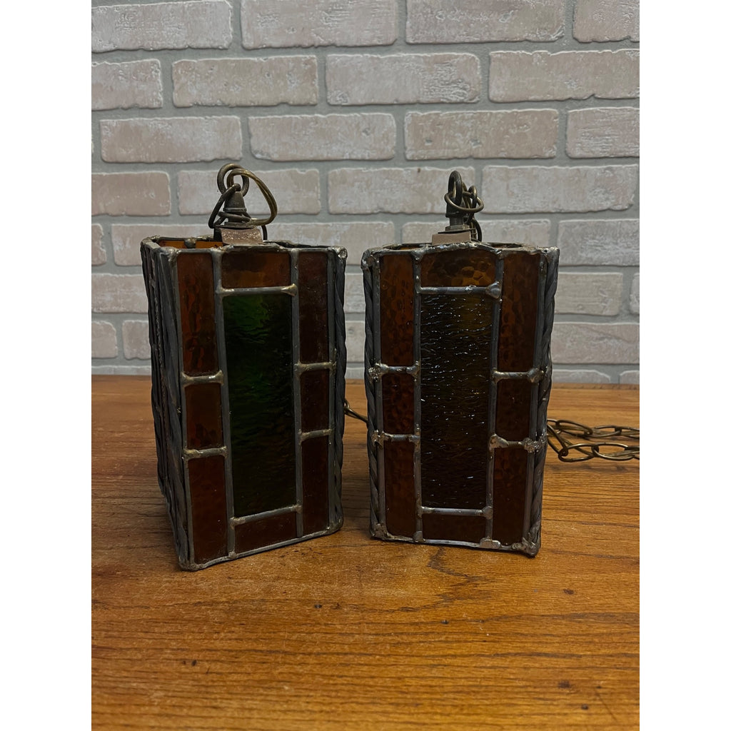 Vintage MCM Leaded Slag Glass Swag Hanging Lamps Pair Mid-Century Craftsman Mission Style