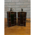 Vintage MCM Leaded Slag Glass Swag Hanging Lamps Pair Mid-Century Craftsman Mission Style