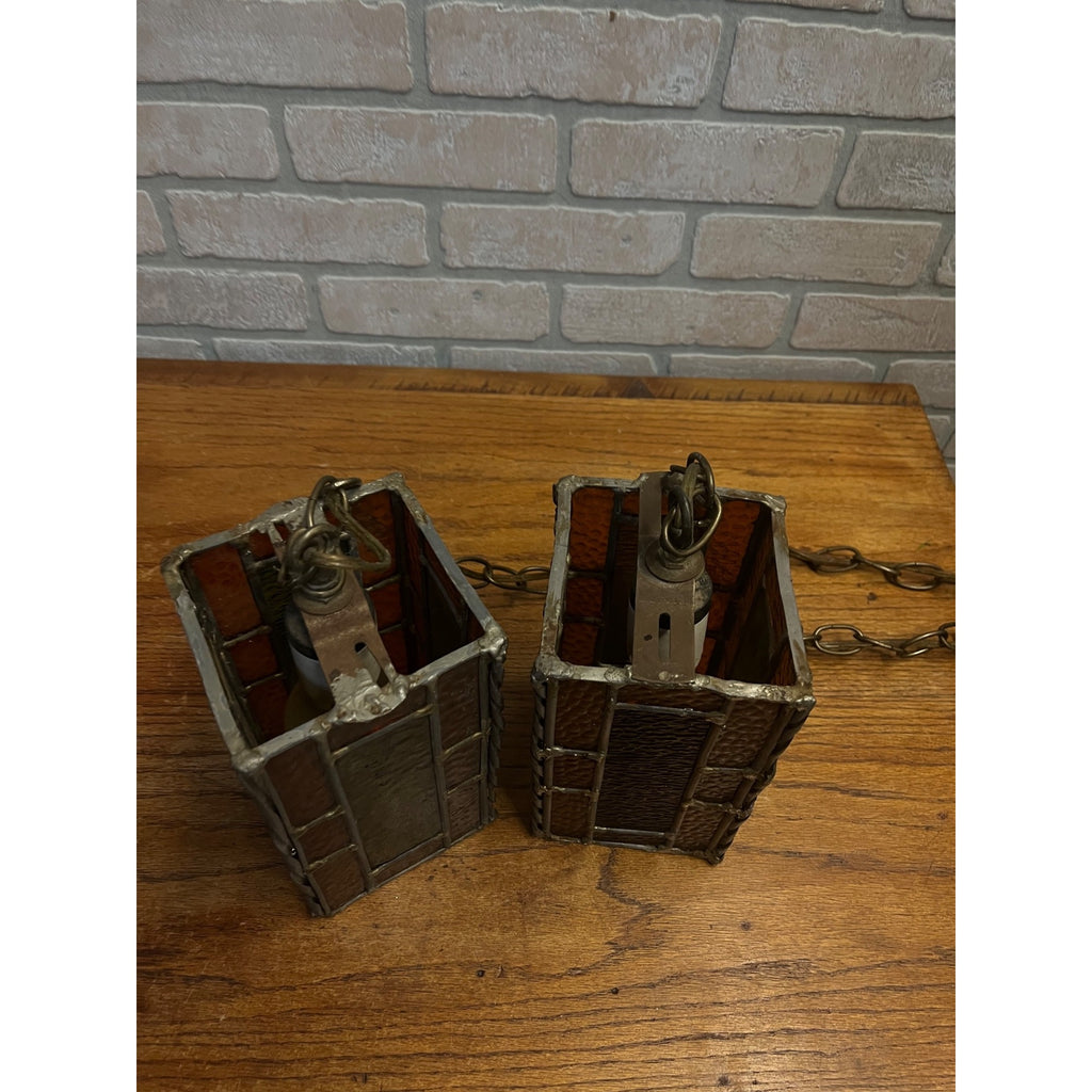 Vintage MCM Leaded Slag Glass Swag Hanging Lamps Pair Mid-Century Craftsman Mission Style