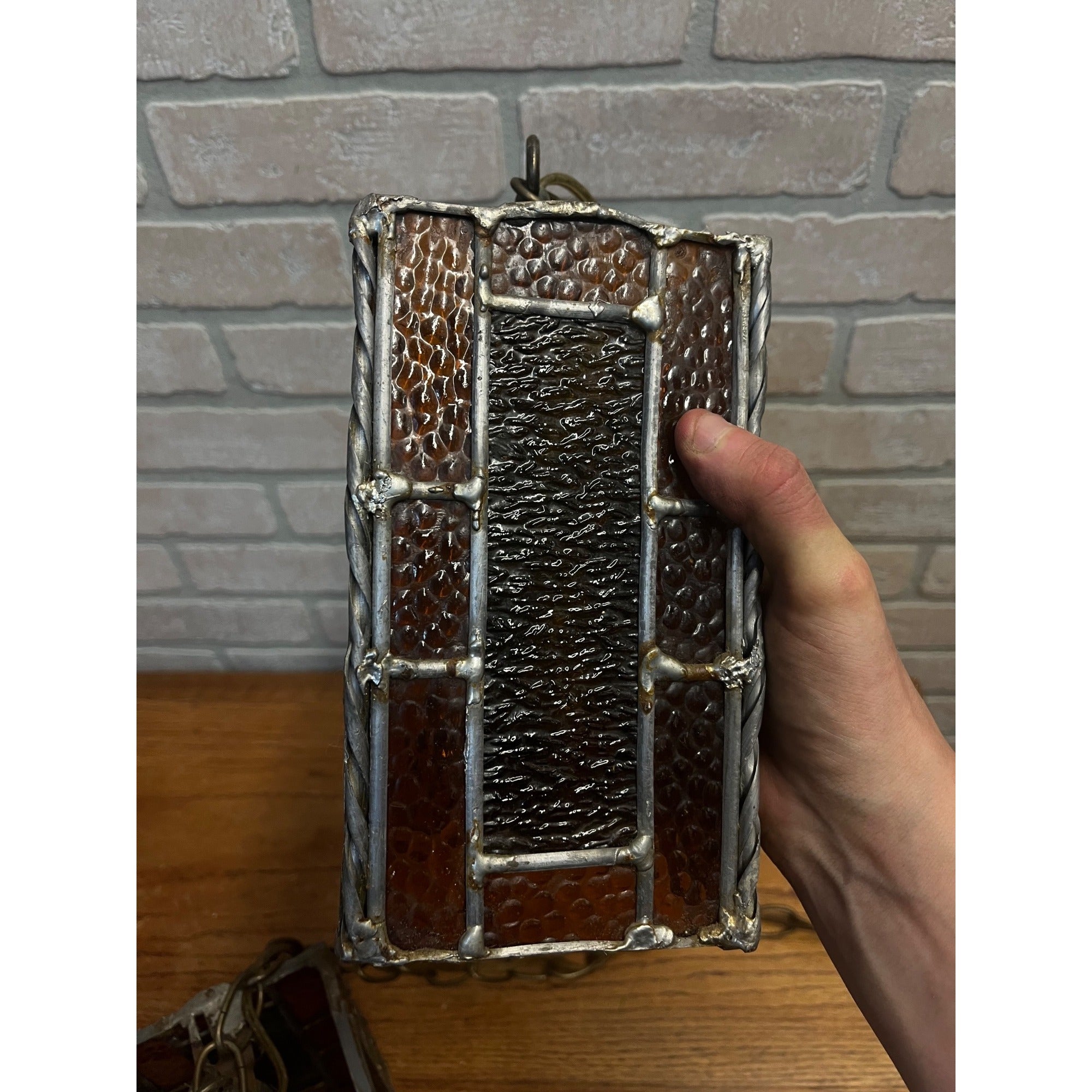 Vintage MCM Leaded Slag Glass Swag Hanging Lamps Pair Mid-Century Craftsman Mission Style