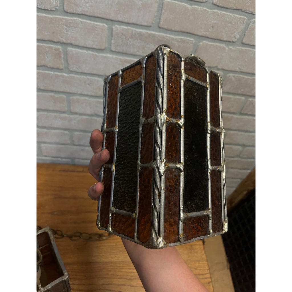 Vintage MCM Leaded Slag Glass Swag Hanging Lamps Pair Mid-Century Craftsman Mission Style