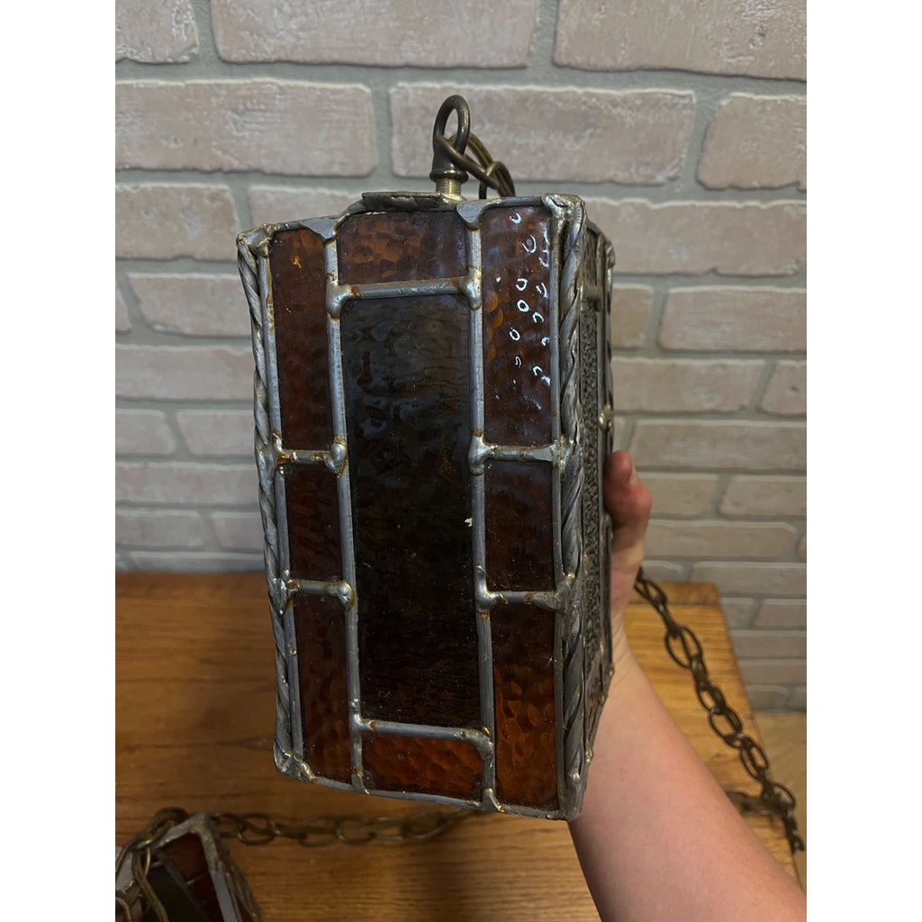 Vintage MCM Leaded Slag Glass Swag Hanging Lamps Pair Mid-Century Craftsman Mission Style