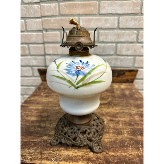 Antique Victorian Era Handpainted Milk Glass Oil Kerosene Lamp Blue Flowers Cast